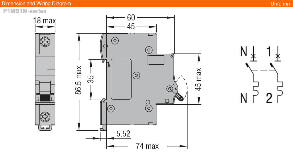 ទំហំ Dimension Lovato P1MB1MC10 ( MCB )