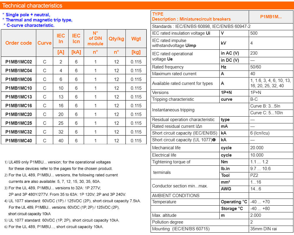 លក្ខណៈបច្ចេកទេស specifications Lovato P1MB1MC10 ( MCB )