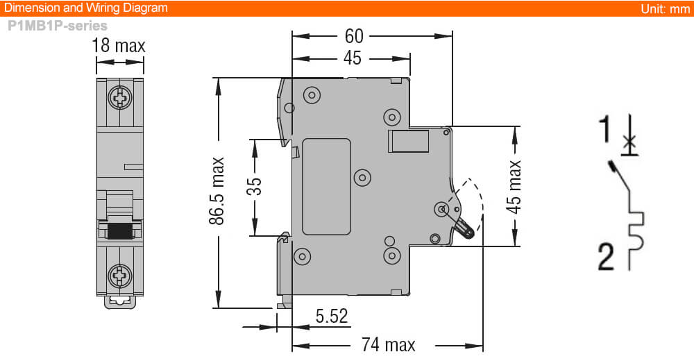 ទំហំ Dimension Lovato P1MB1PC16 ( MCB )
